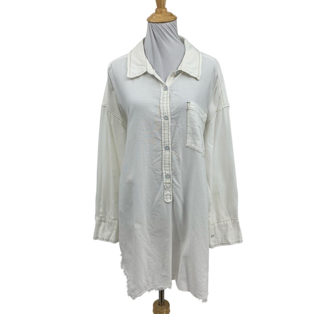 We The Free People Shirt Womens M Medium White Smock Oxford Half Button Raw Hem